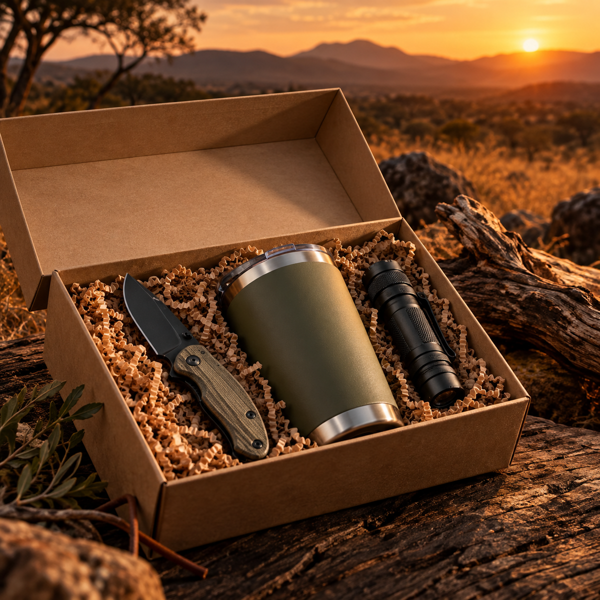 JT Outfitters gift box with knife, tumbler and torch at sunset