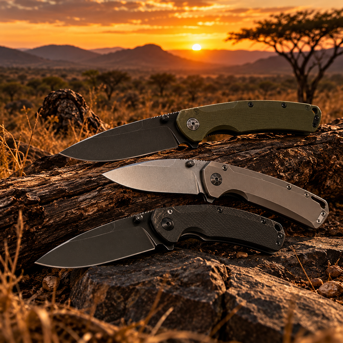 Three folding knives on a log at sunset