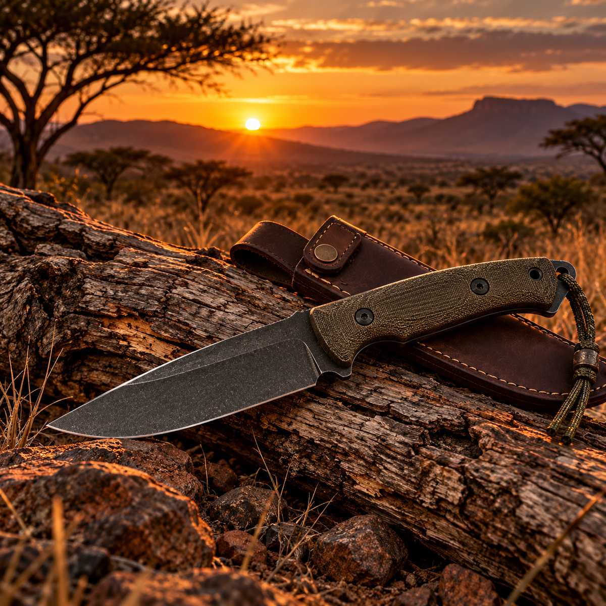 Fixed blade knife with leather sheath at sunset