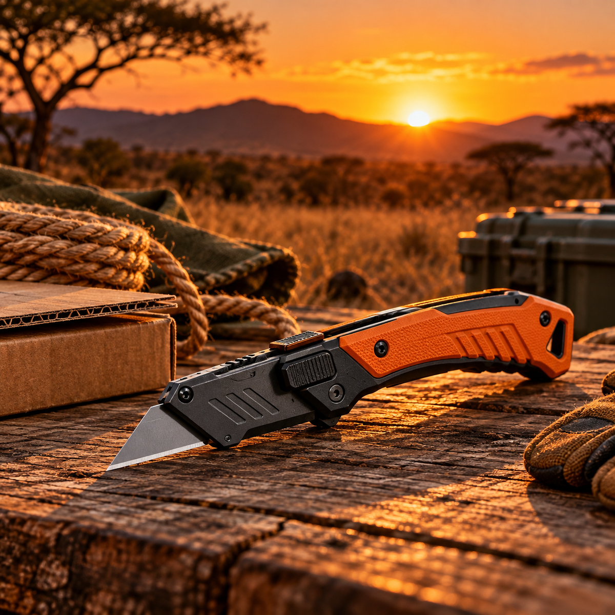 Orange utility knife on wood at sunset