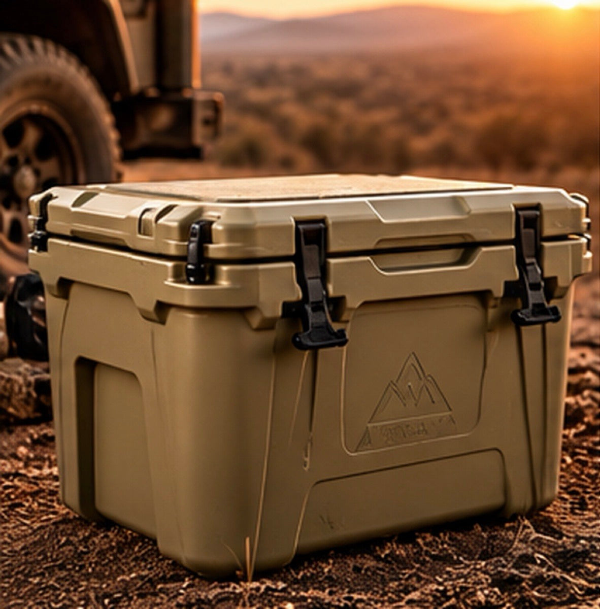 Cooler boxes and gear cases at sunset