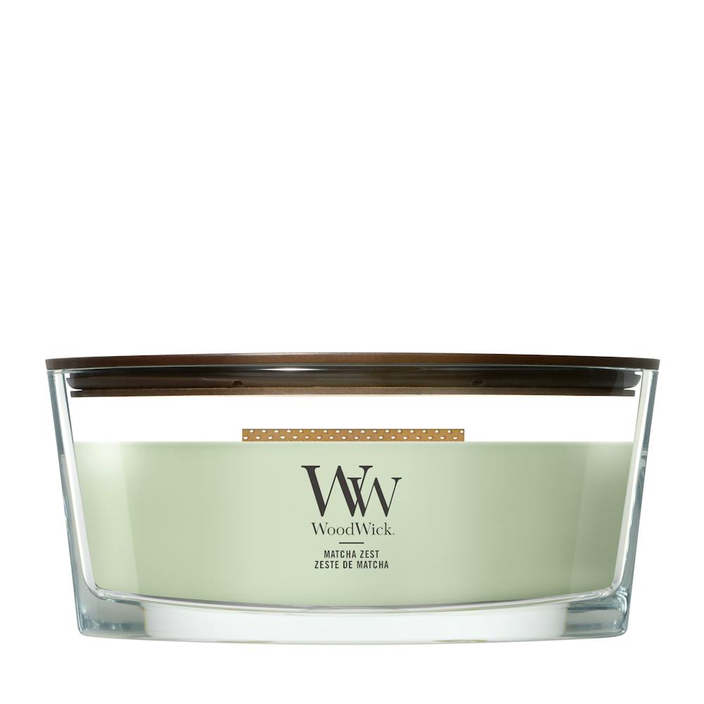 WoodWick Ellipse candle, Matcha Zest in green glass vessel with crackling wooden wick — view 1