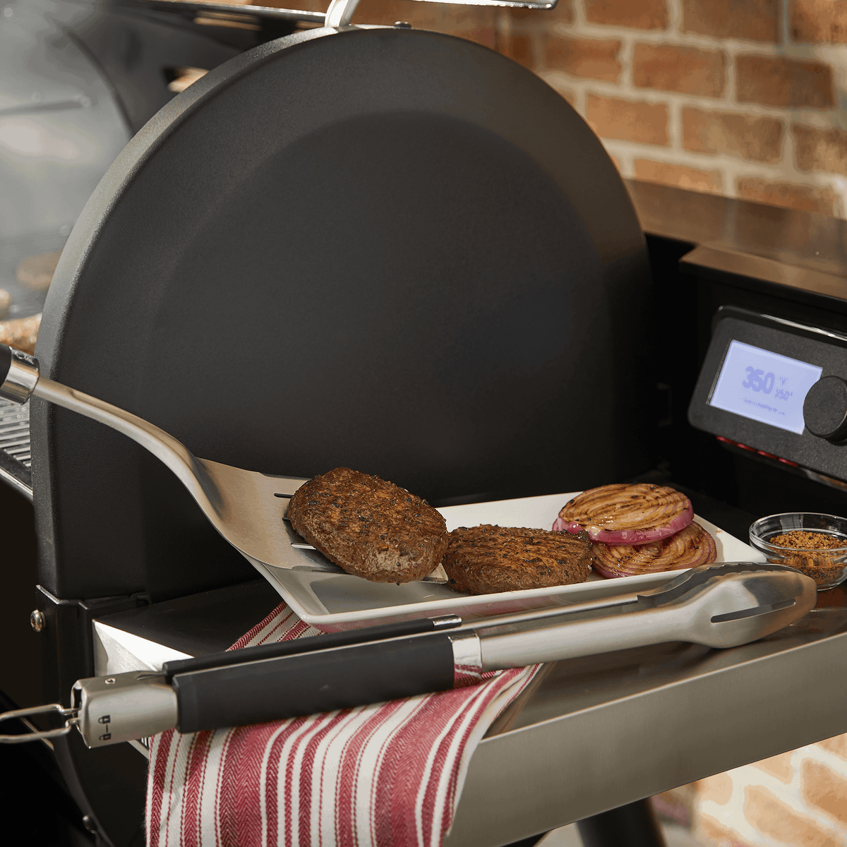 Weber Precision Tongs & Spatula Set in use