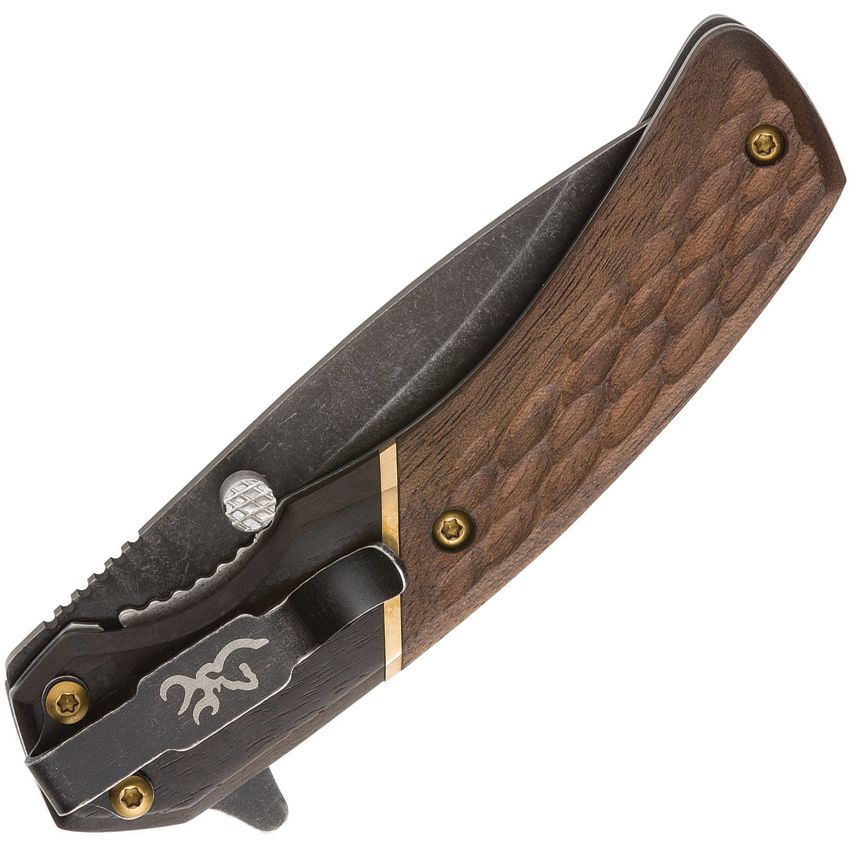 Browning Hunter closed showing wood scales, brass accent and pocket clip