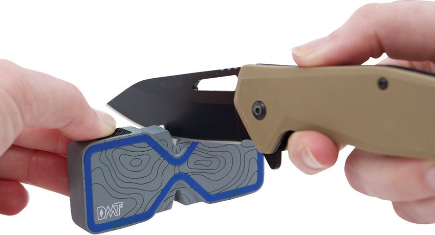 DMT EdgeSharp Trac sharpener in use on a folding knife