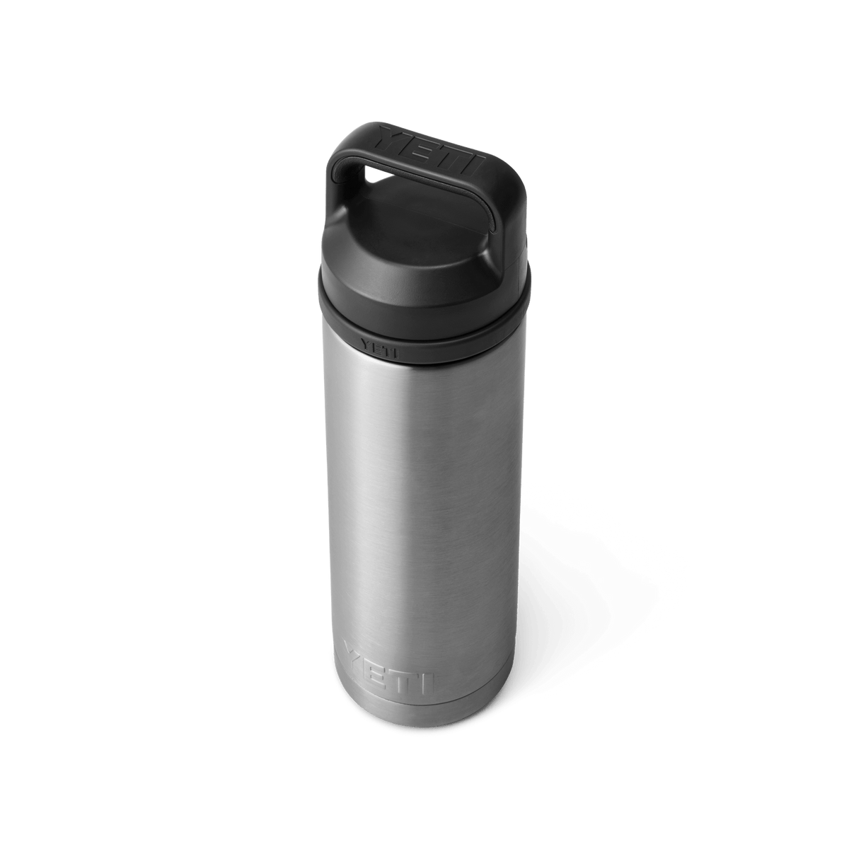 YETI Rambler 18oz Bottle with Chug Cap in Stainless Steel, three-quarter view