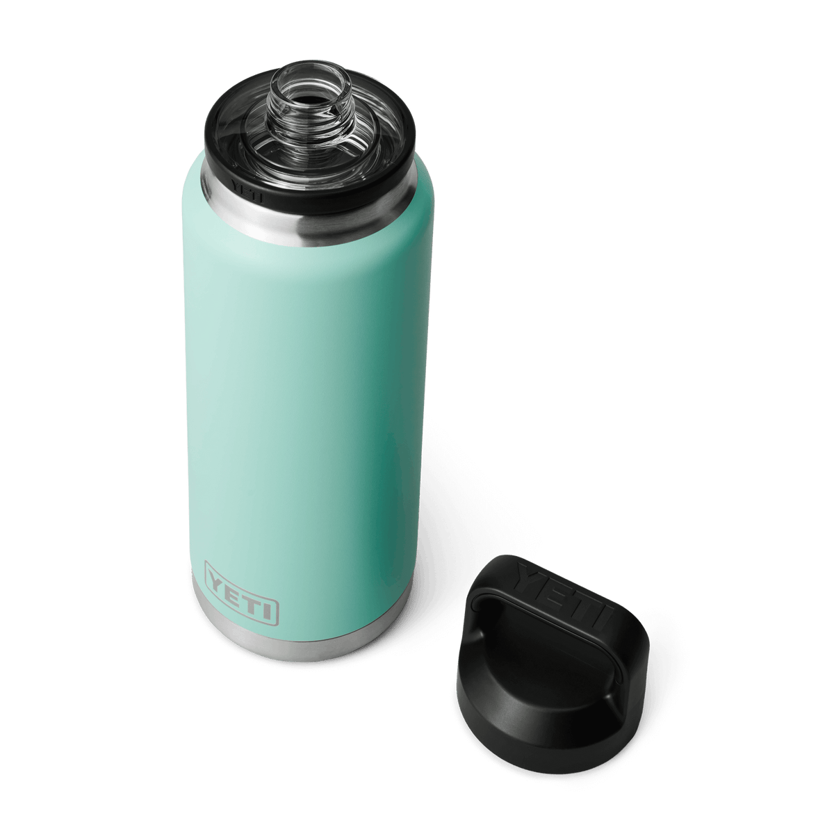 YETI Rambler 36oz Bottle in Seafoam with Chug Cap open
