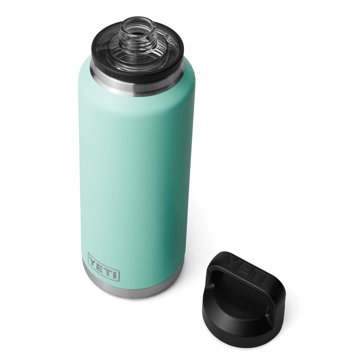 YETI Rambler 46oz Bottle in Seafoam with Chug Cap open
