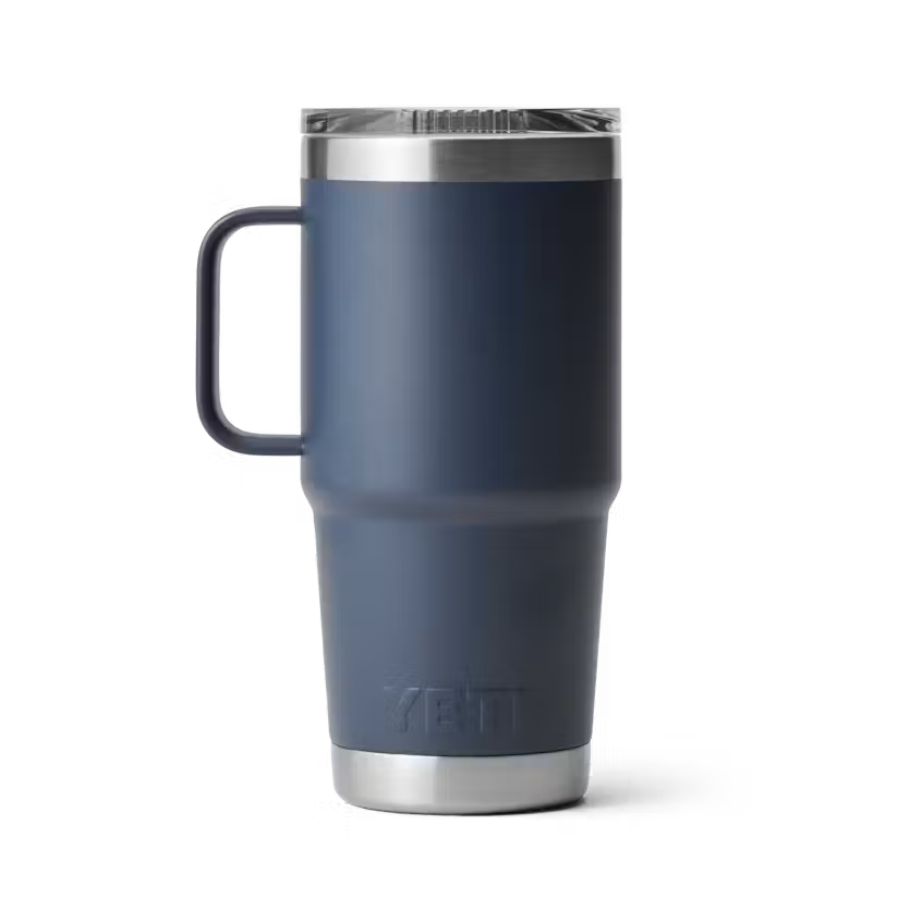 YETI Rambler 20oz Travel Mug in Navy, rear view showing the handle