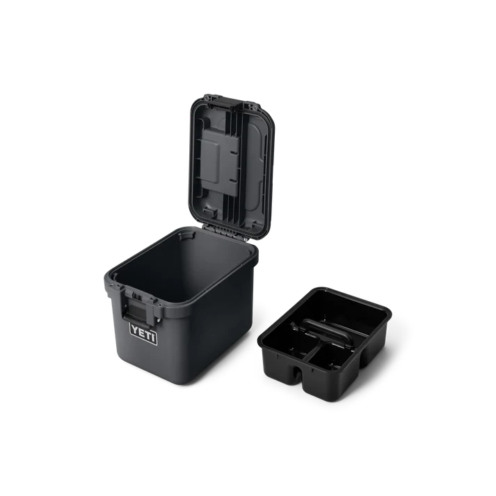 YETI LoadOut GoBox 15 in Charcoal, showing the lid and latch detail