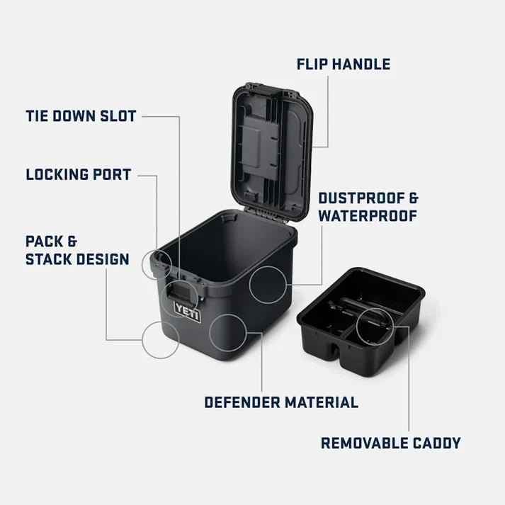 YETI LoadOut GoBox 15 in Charcoal, propped open showing the interior storage