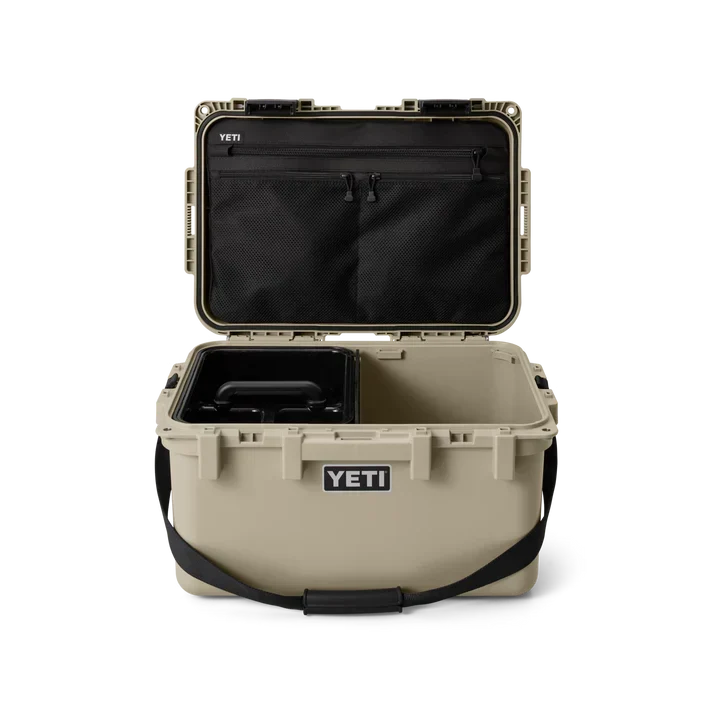 YETI LoadOut GoBox 30 2.0 in Tan, showing the lid and latch detail