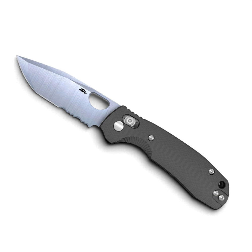 Honey Badger Cross-Bolt Tanto Folder — Serrated, 14C28N, Black G10