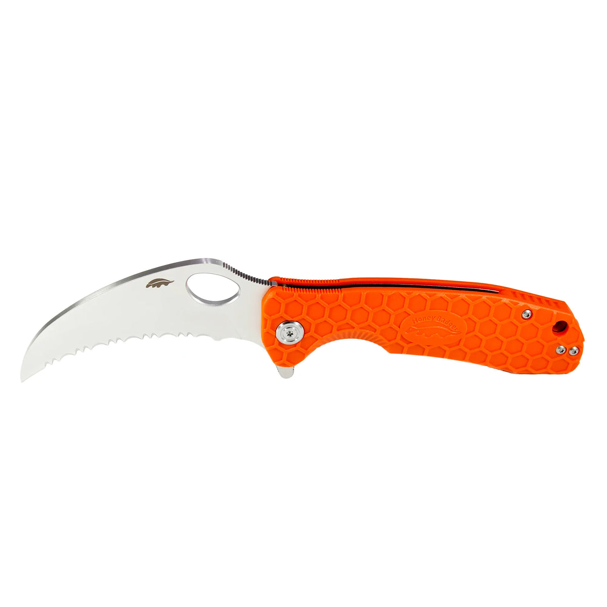 Honey Badger Claw Large folding knife with orange FRN handle and serrated hawkbill blade