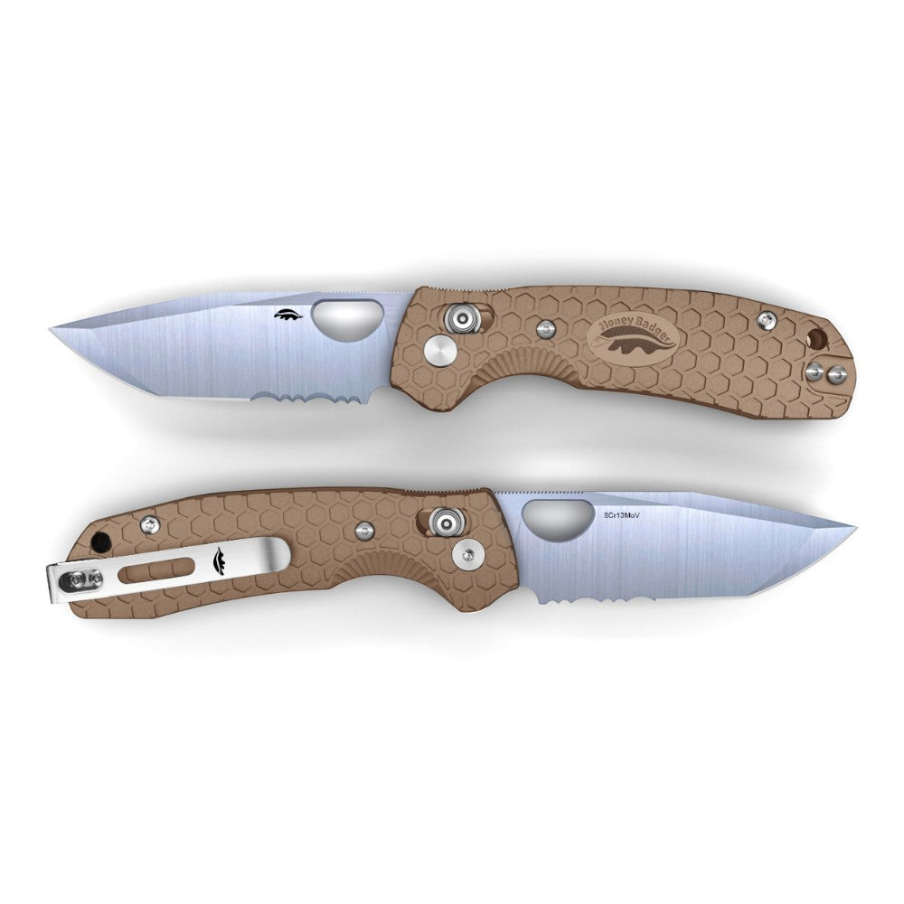 Honey Badger Cross-Bolt Tanto Folder — Serrated, Medium/Large FRN