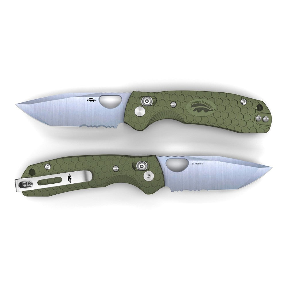 Honey Badger Cross-Bolt Tanto Folder — Serrated, Medium/Large FRN