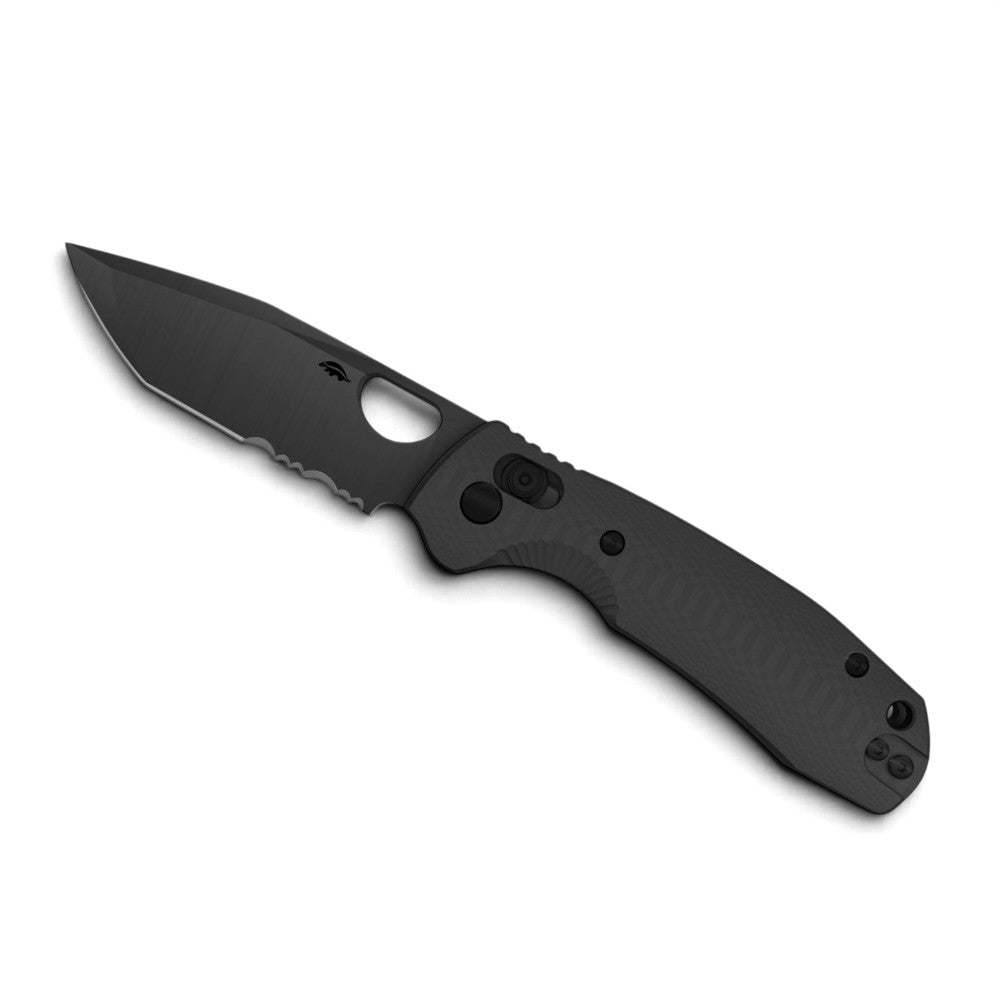 Honey Badger Cross-Bolt Tanto Folder — Serrated, 14C28N, Black G10