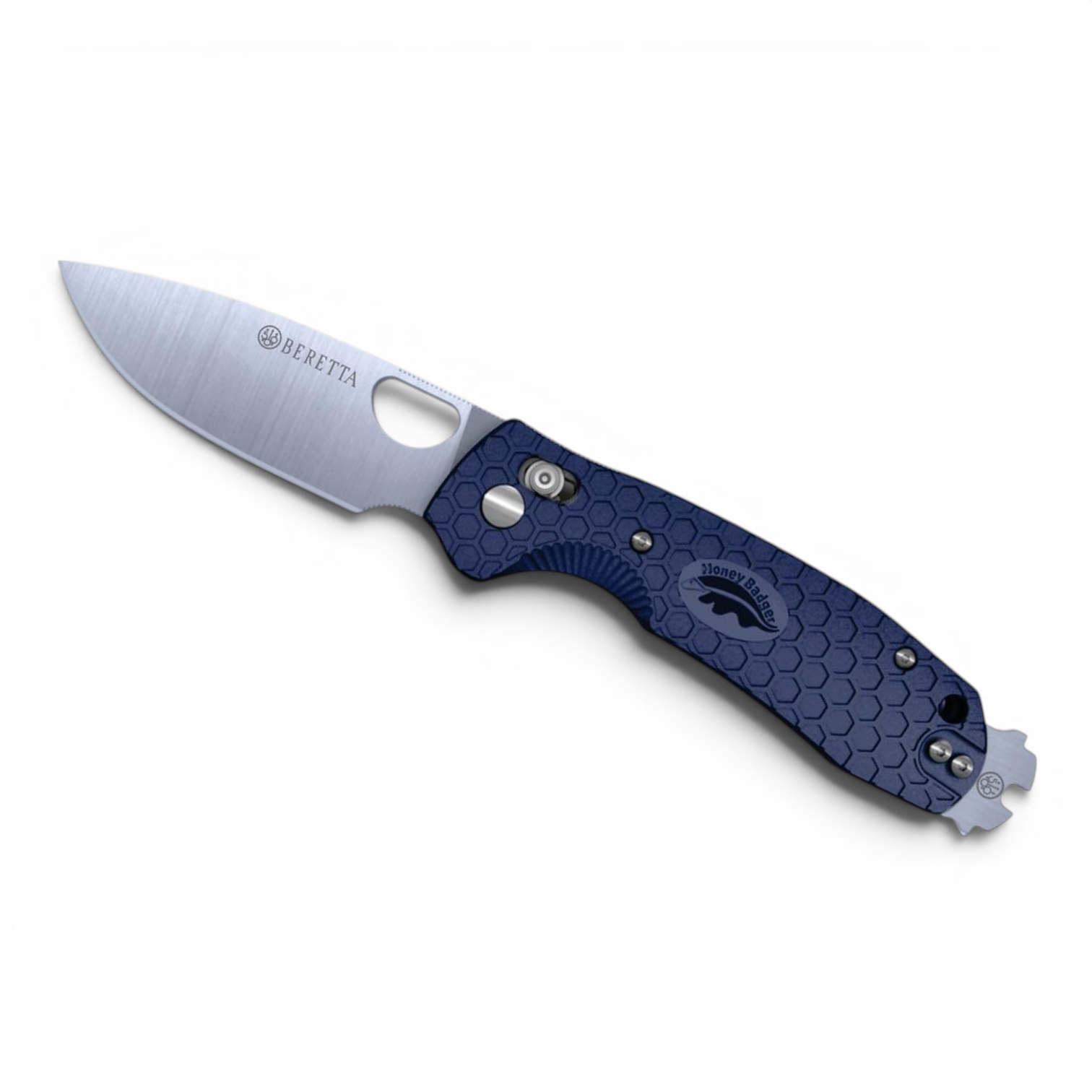 Honey Badger cross-bolt drop-point folding knife with blue FRN honeycomb handle and 8Cr13MoV blade
