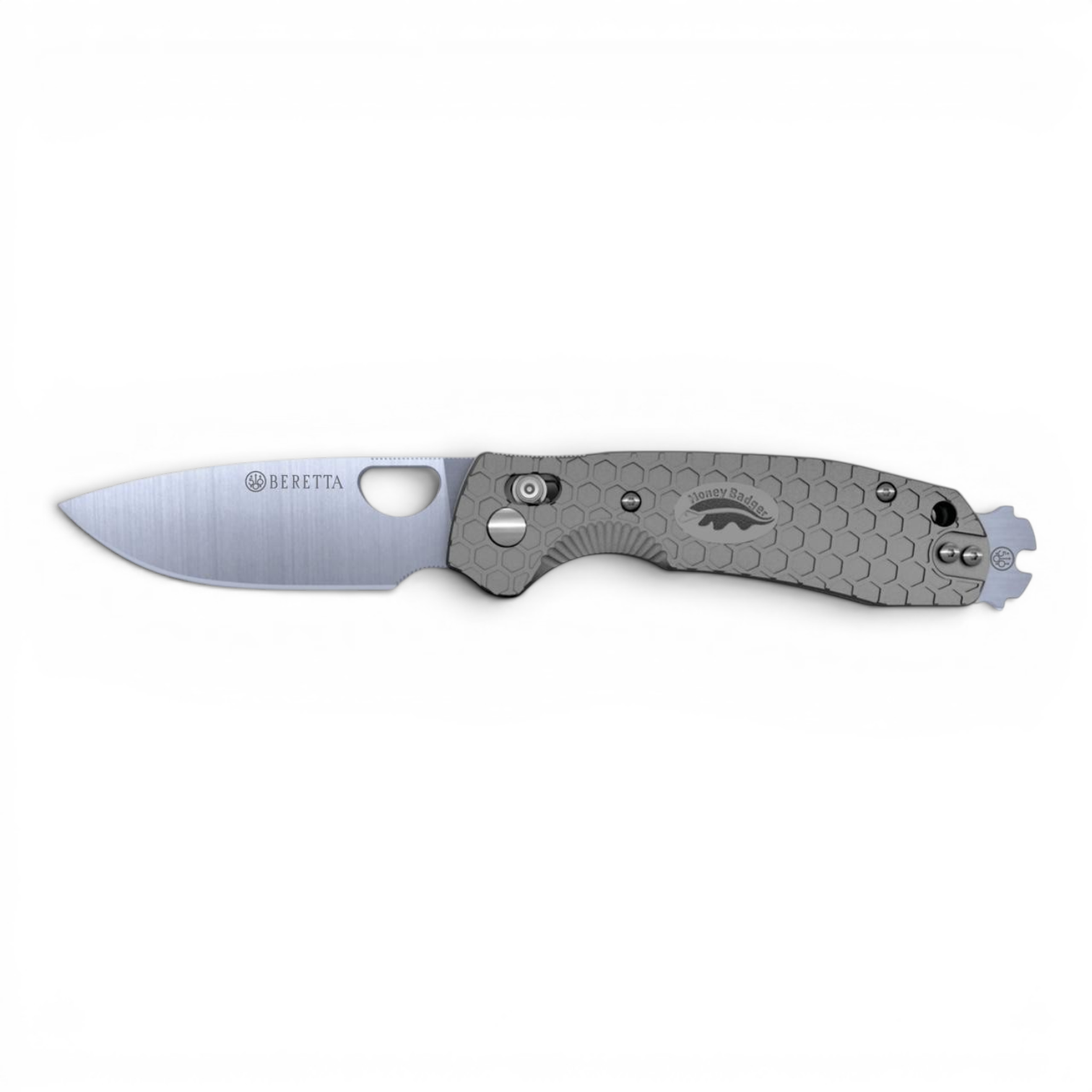 Honey Badger cross-bolt drop-point folding knife with grey FRN honeycomb handle and 8Cr13MoV blade