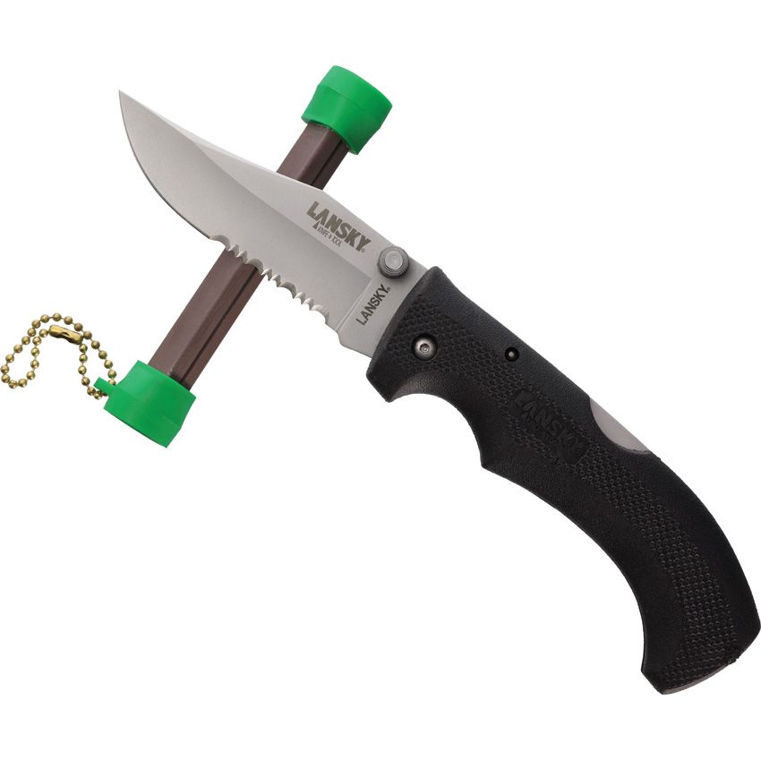 Lansky tapered rod sharpener shown with a folding knife
