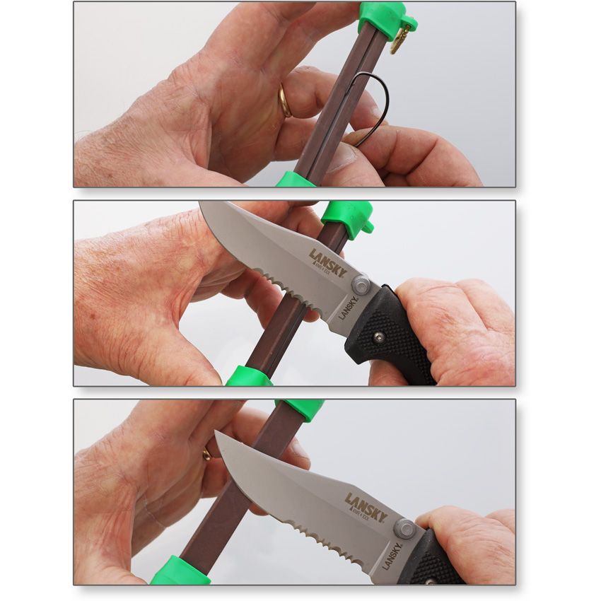 Lansky tapered rod sharpening a fish hook and serrated blade