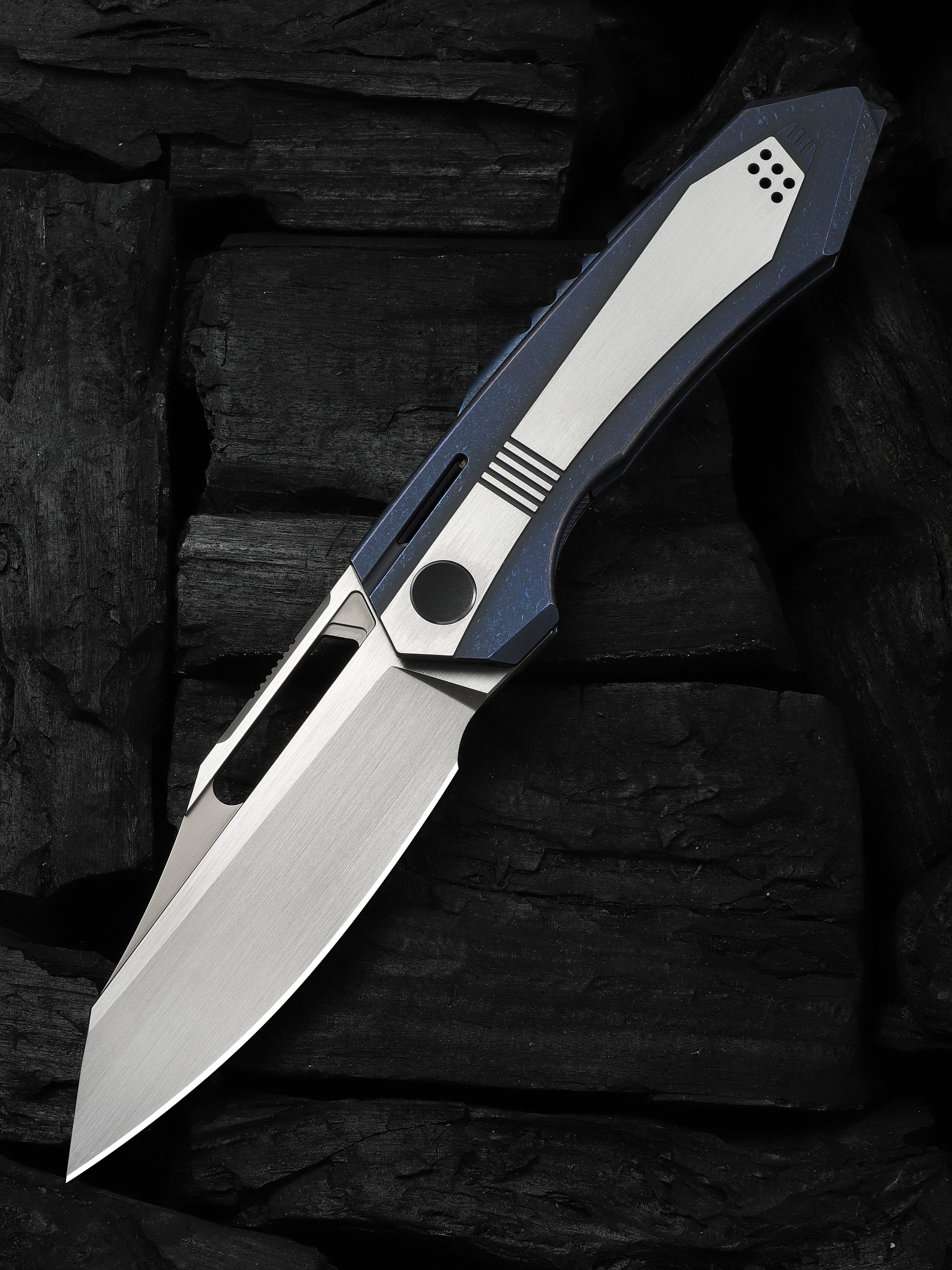 WE Knife Co Bogey folding knife with blue and satin titanium handle