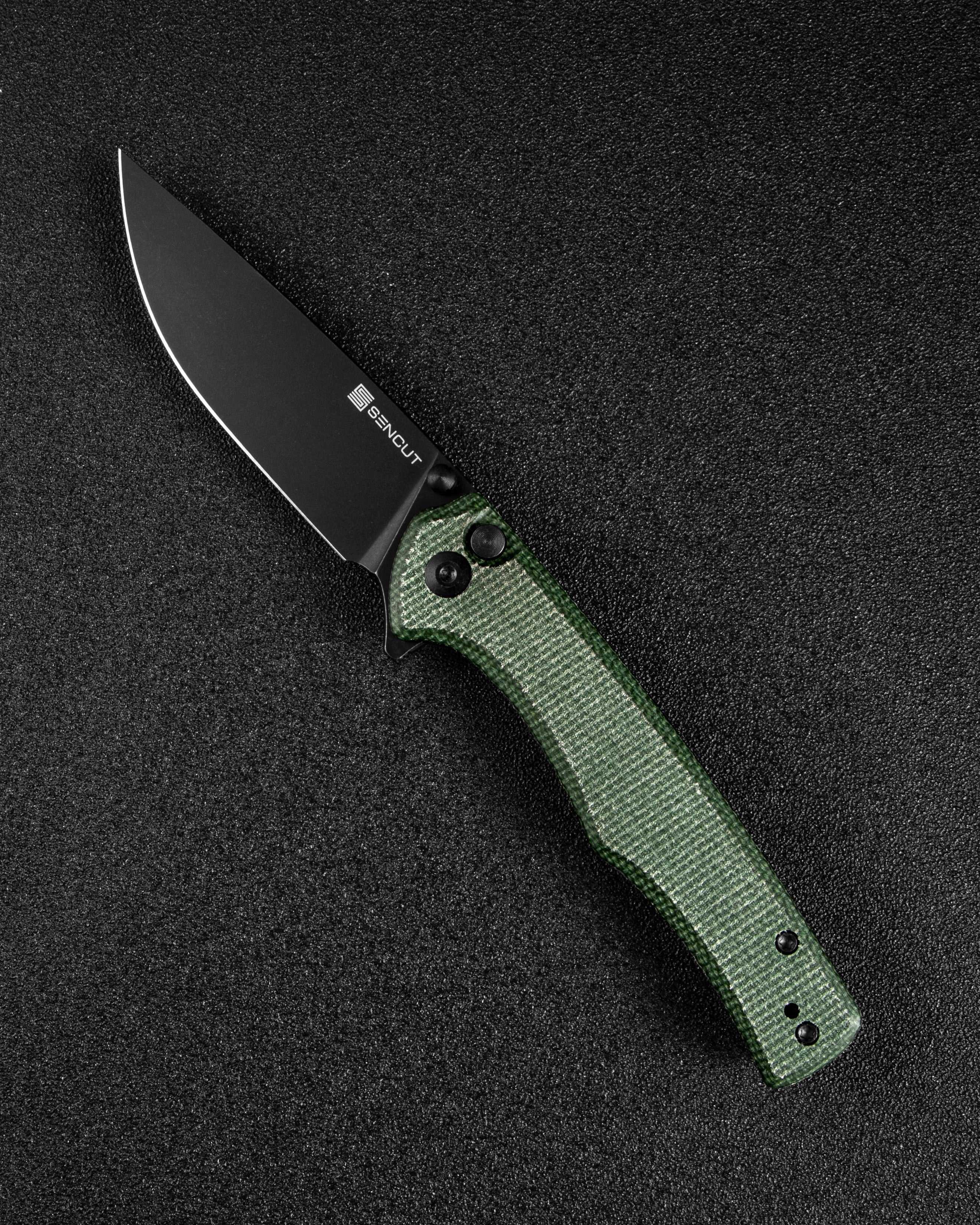 SENCUT Crowley folding knife with green Micarta handle and D2 blade