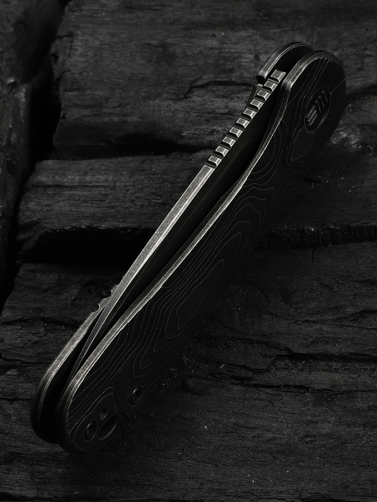 WE Elementum folding knife with black titanium handle, view 6