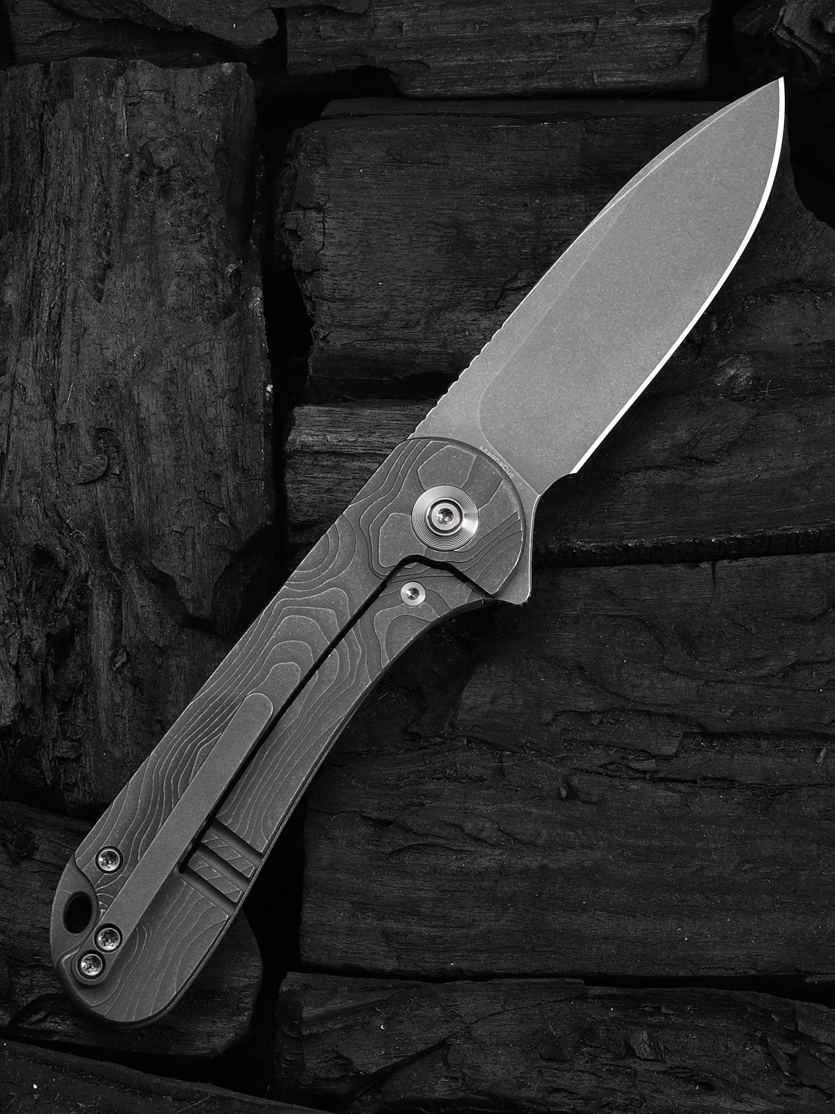WE Elementum folding knife with gray titanium handle, view 2