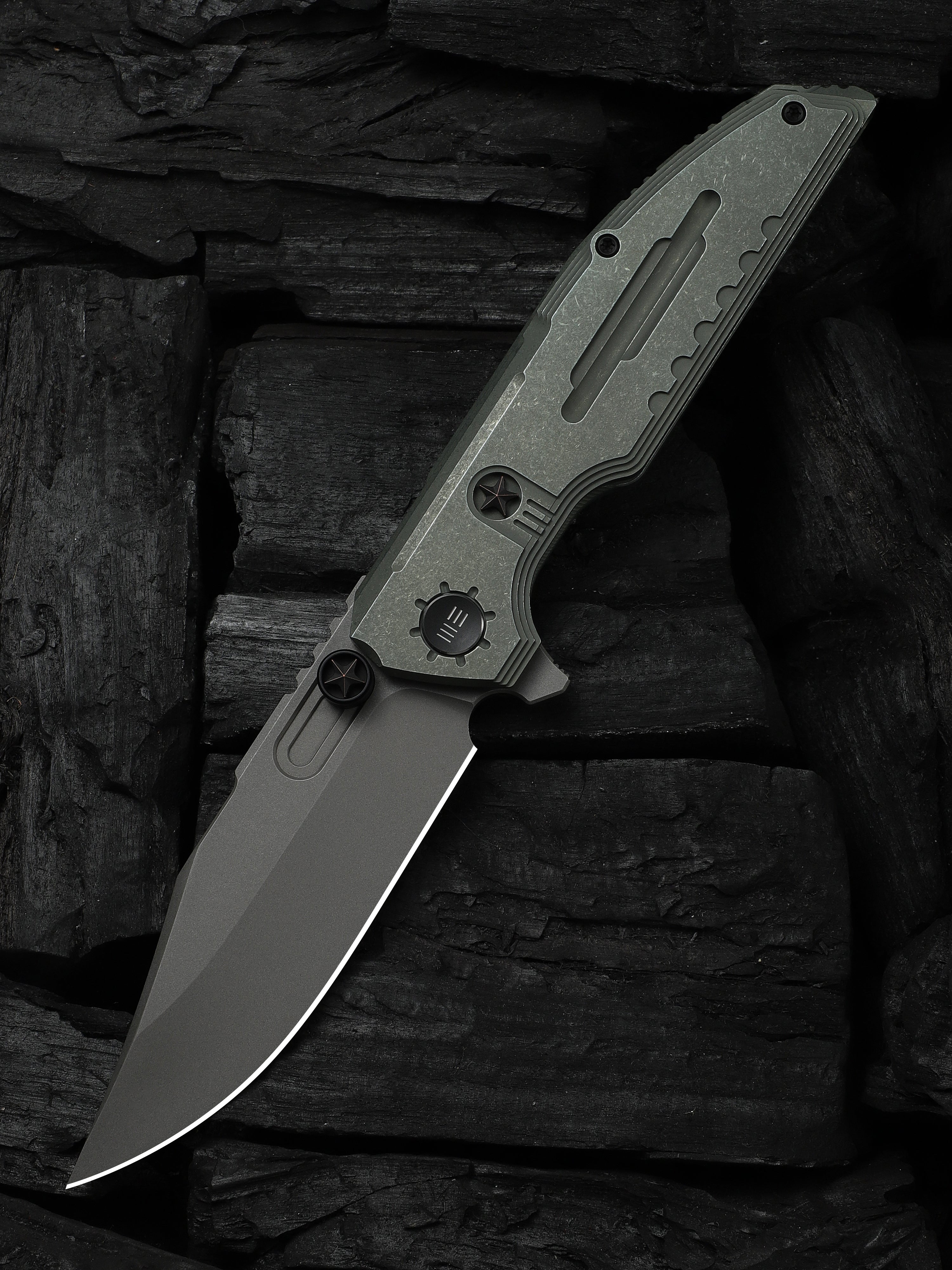 WE Knife Co Muster folding knife with olive gray titanium handle