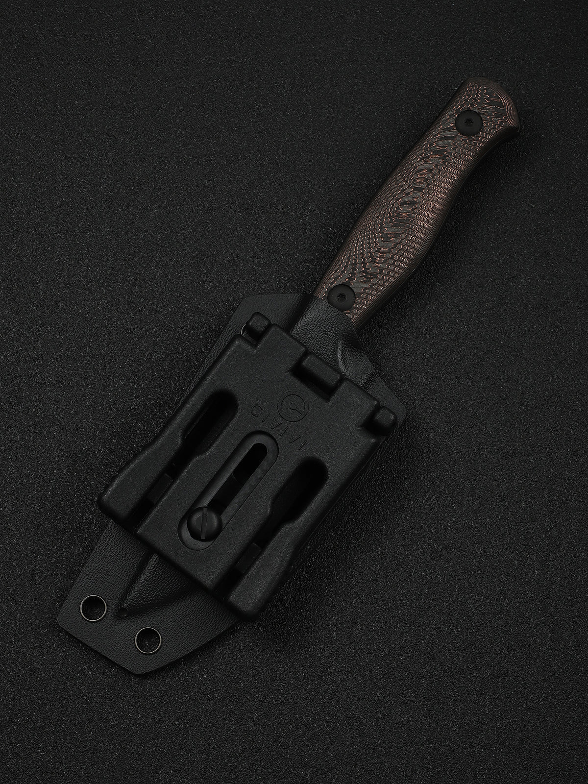 WE Notchline fixed blade knife with milled copper foil carbon fibre handle