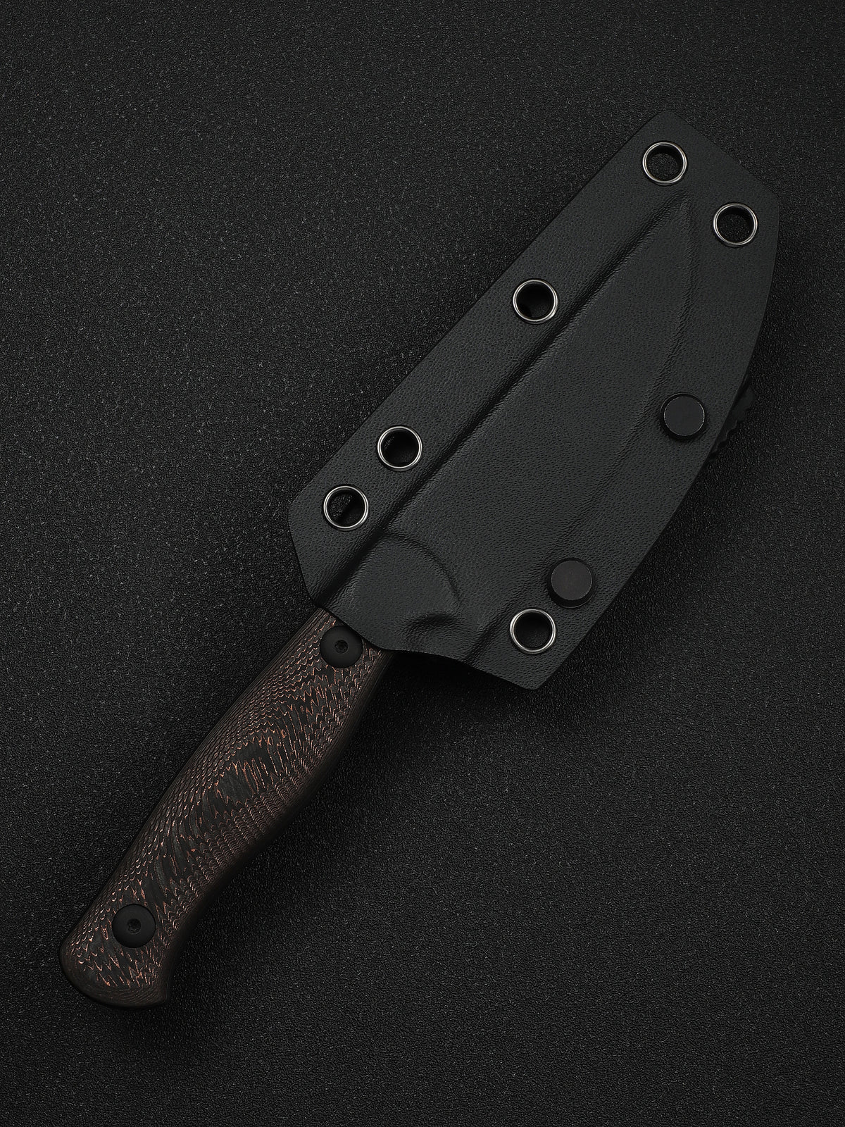 WE Notchline fixed blade knife with milled copper foil carbon fibre handle, view 2