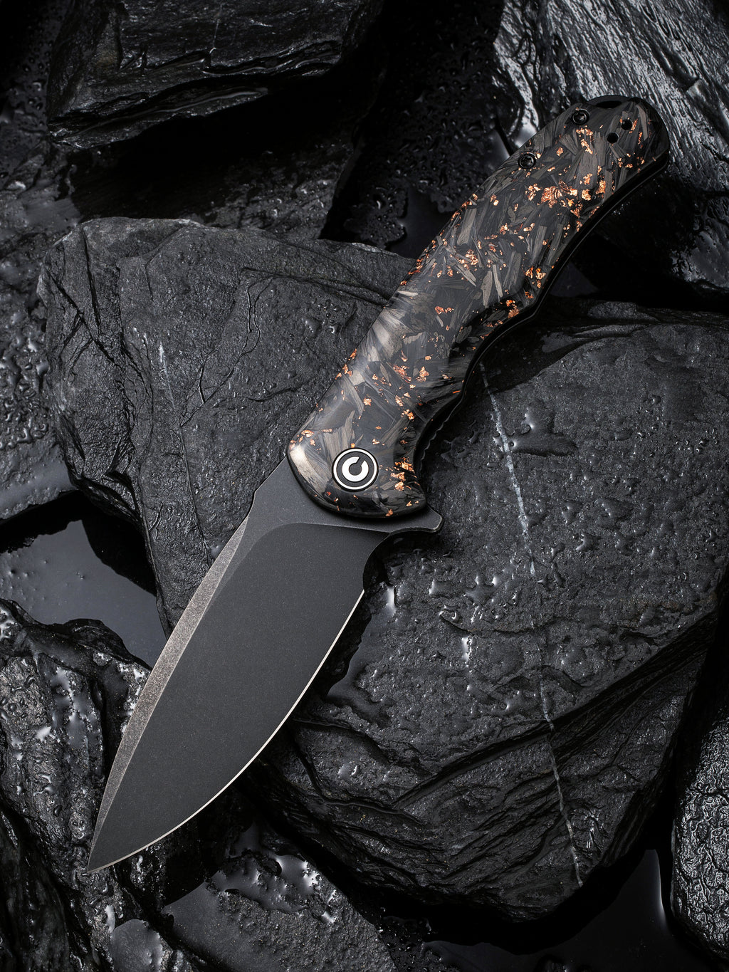 CIVIVI Praxis folding knife with shredded carbon fiber and copper handle