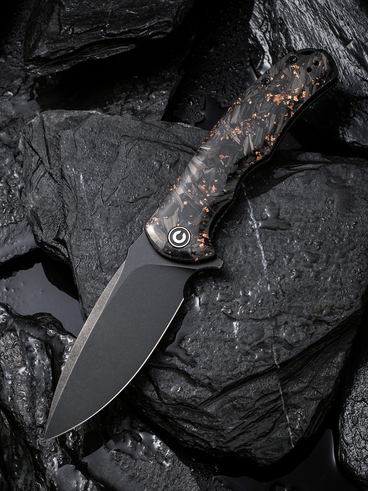 CIVIVI Praxis folding knife with shredded carbon fiber and copper handle