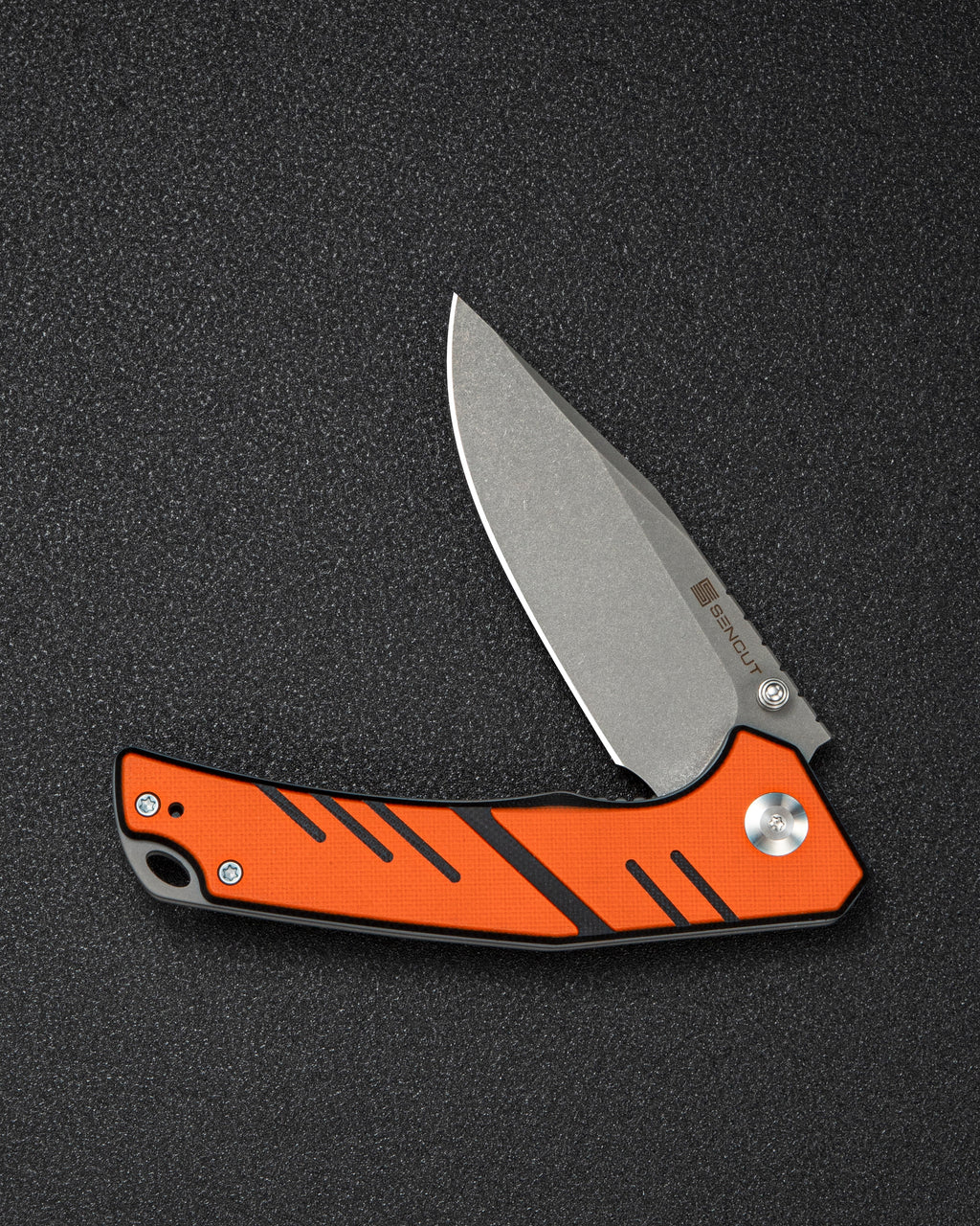 SENCUT Quirk folding knife with orange and black G10 handle, view 3