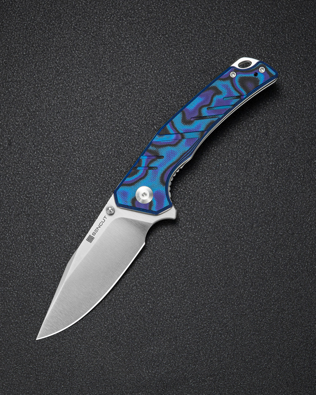 SENCUT Quirk folding knife with blue, purple and black G10 handle