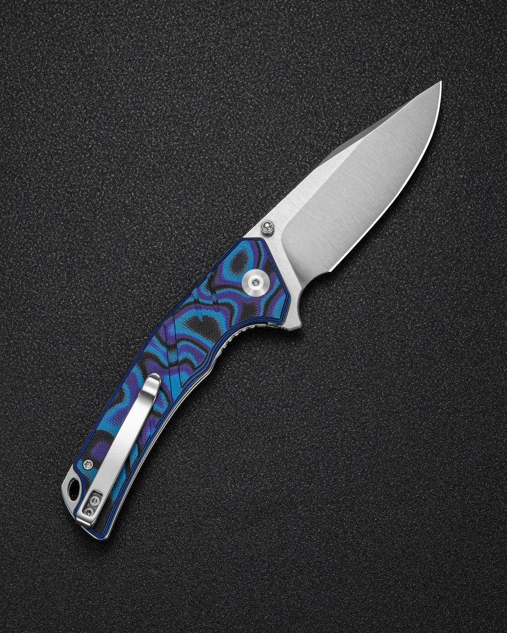 SENCUT Quirk folding knife with blue, purple and black G10 handle, view 2