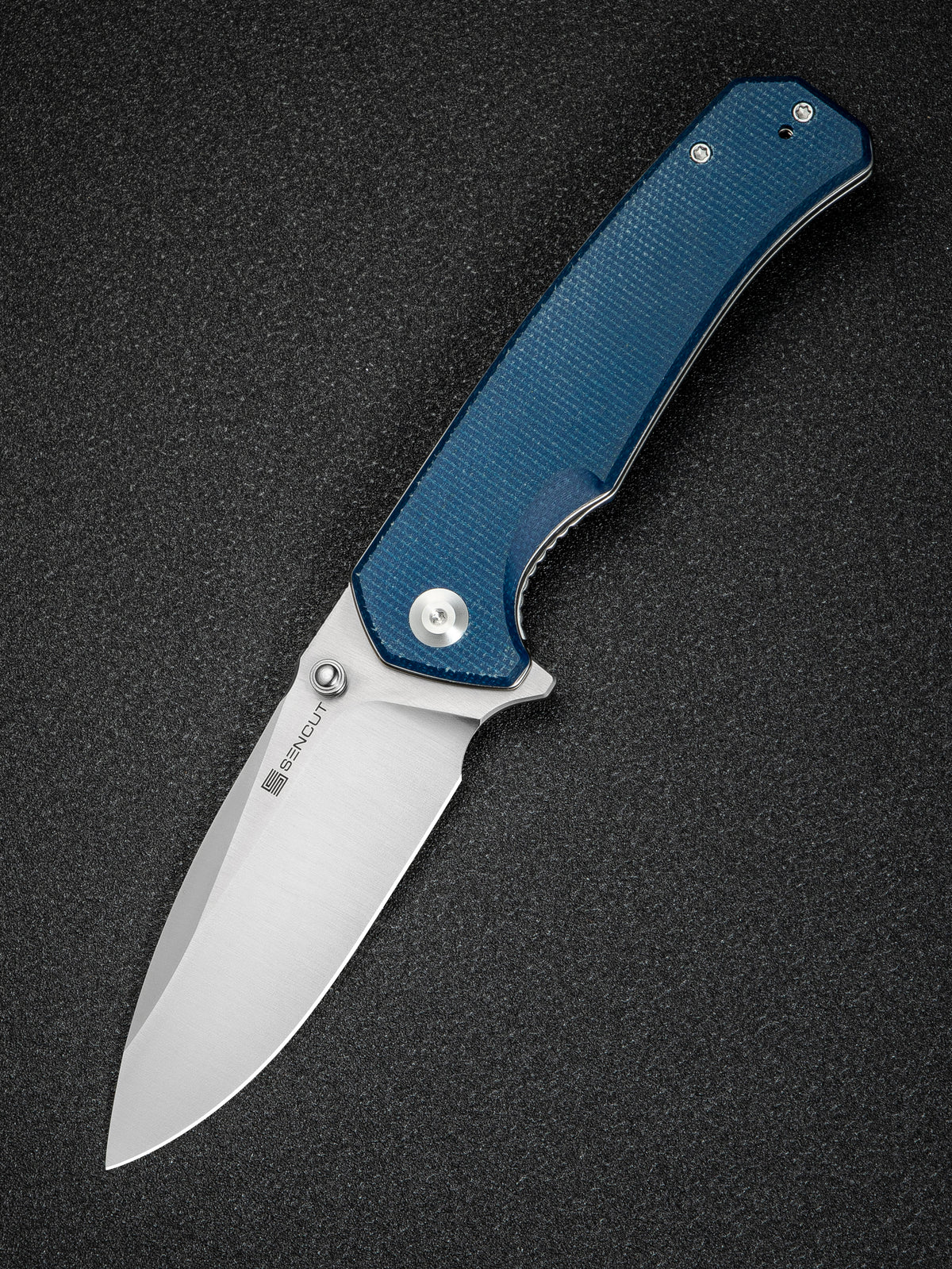 SENCUT Skarnax folding knife with blue canvas Micarta handle