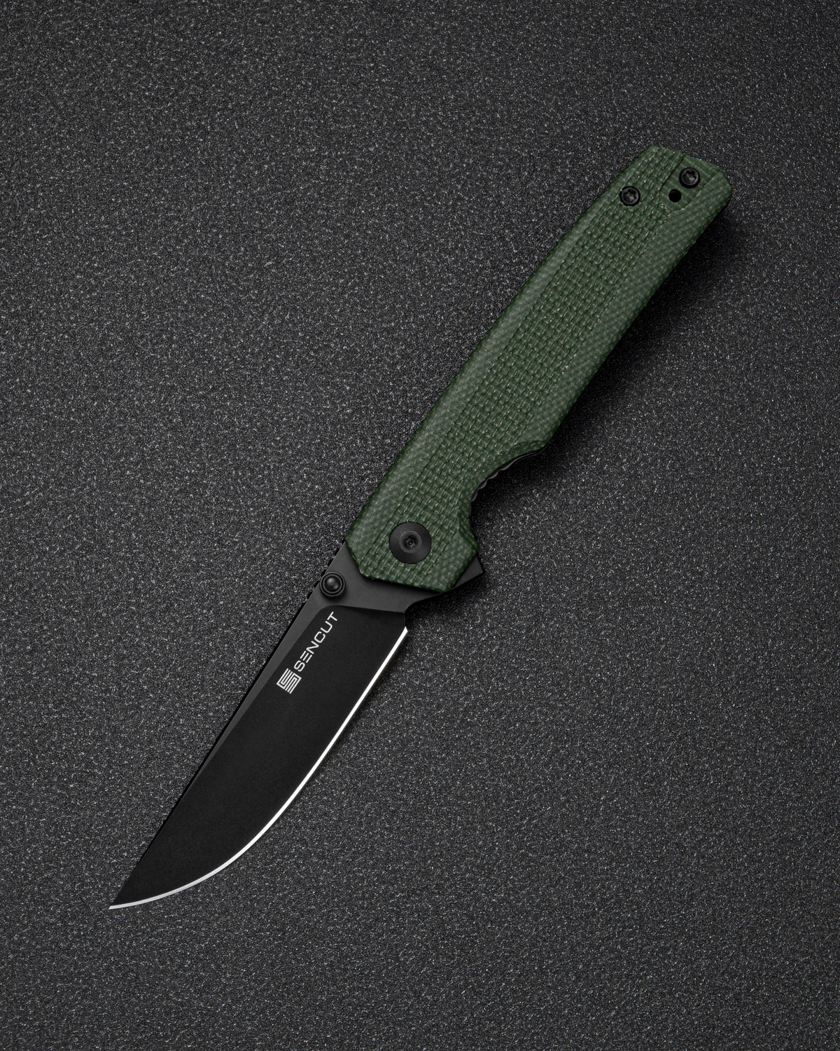 SENCUT Stria folding knife with milled green canvas Micarta handle and D2 blade