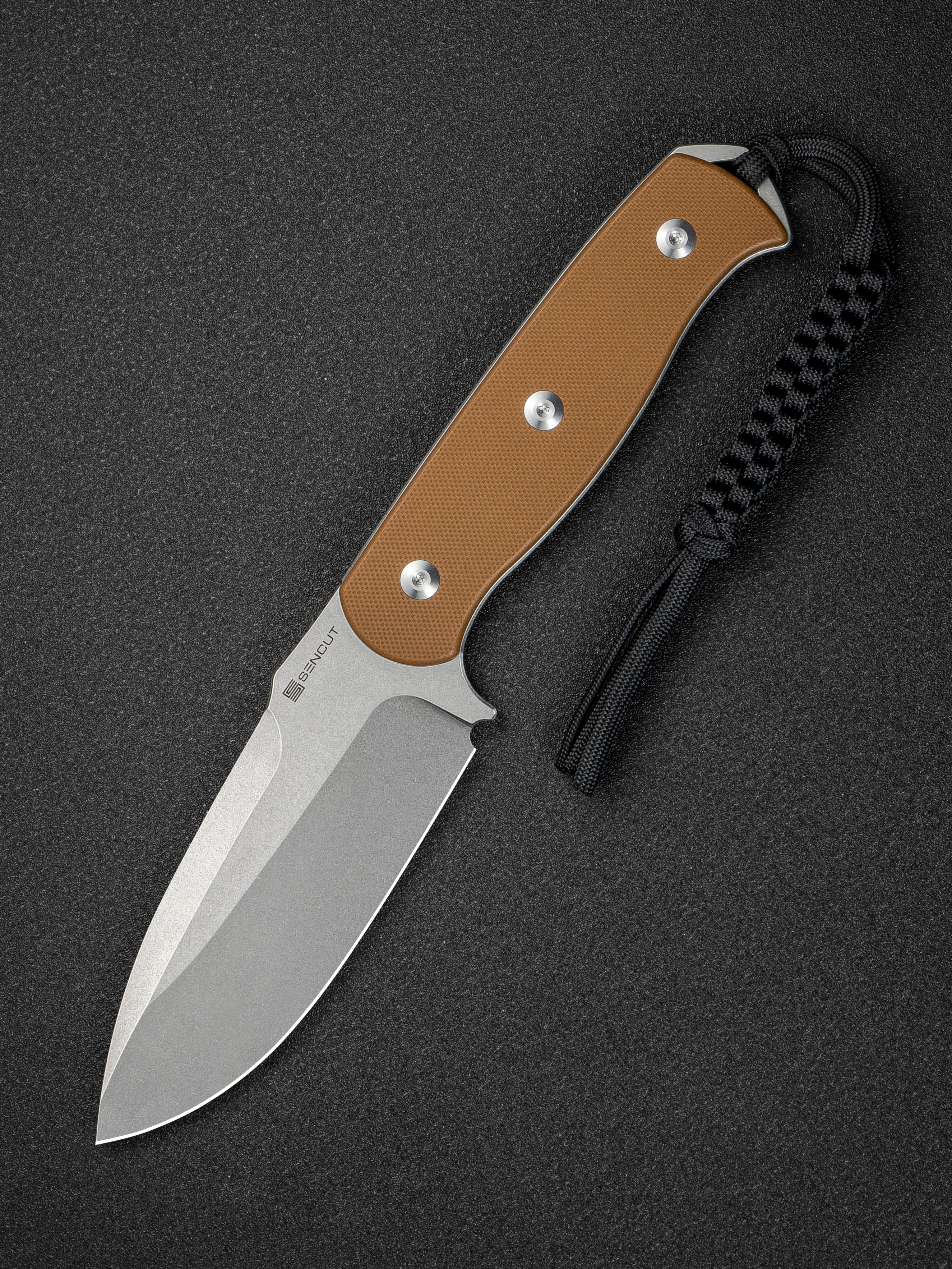 SENCUT Toxodon fixed blade knife with brown G10 handle and Kydex sheath