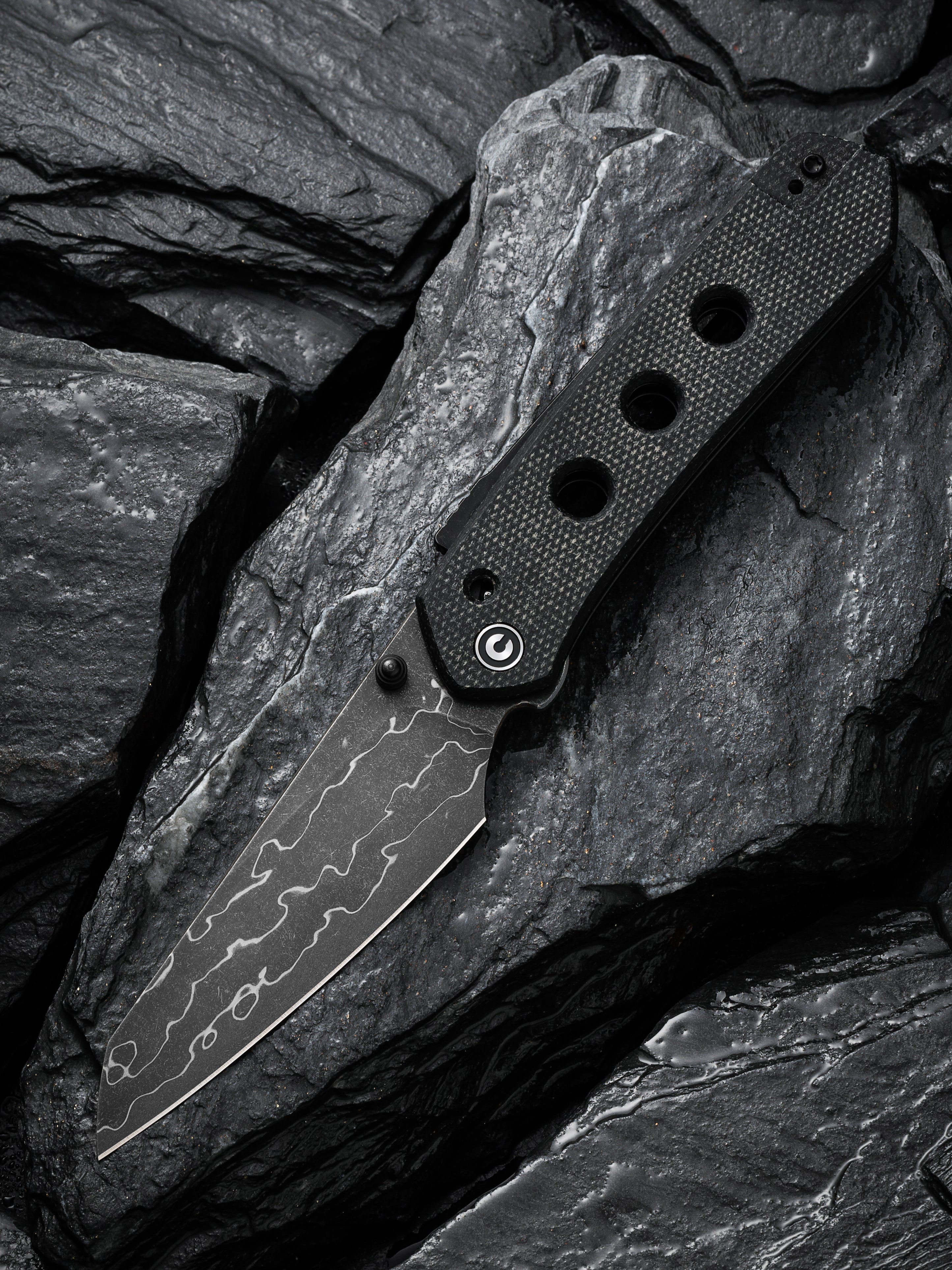 CIVIVI Vision FG folding knife with black canvas Micarta handle and Damascus blade
