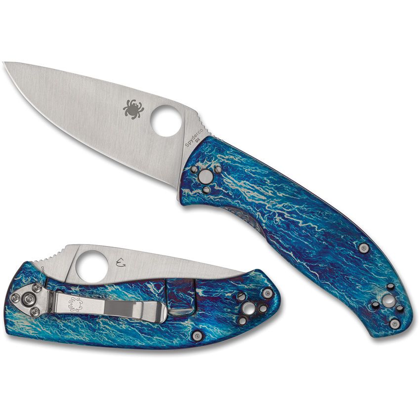 Spyderco Tenacious R.I.L. open and closed views of the anodised titanium pattern