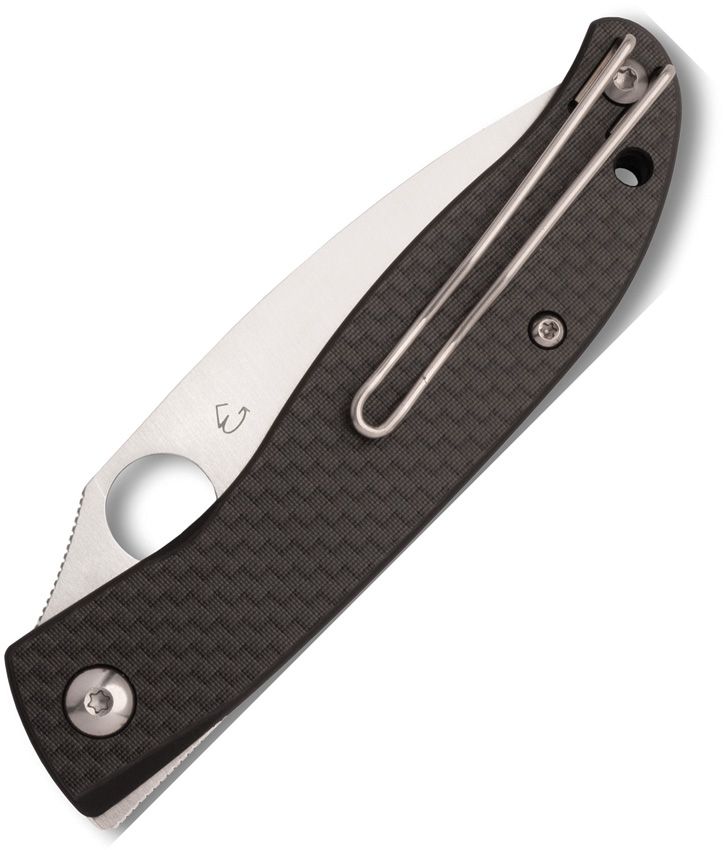 Spyderco Mantra 4 closed showing carbon fibre scales and pocket clip