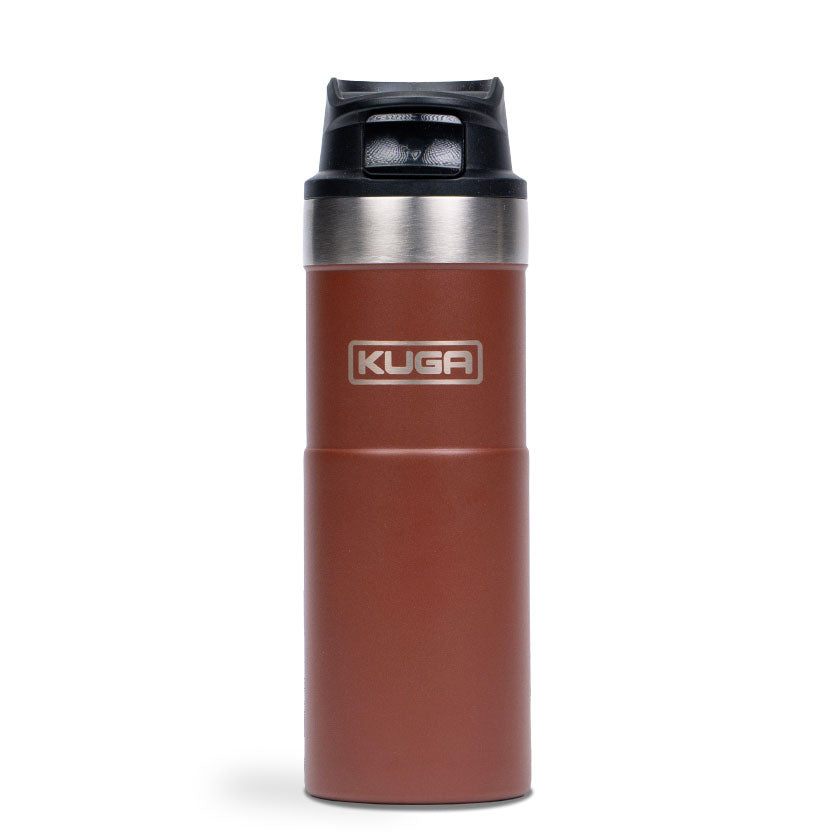 Kuga Trigger 473ml insulated travel flask in Truffle Brown, front view