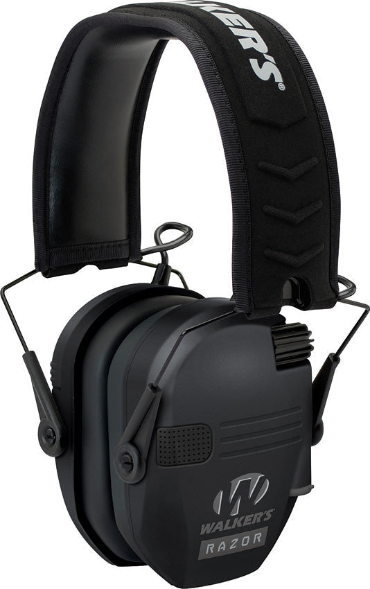 Walker's Razor Slim Electronic Ear Muffs in black showing microphone grille