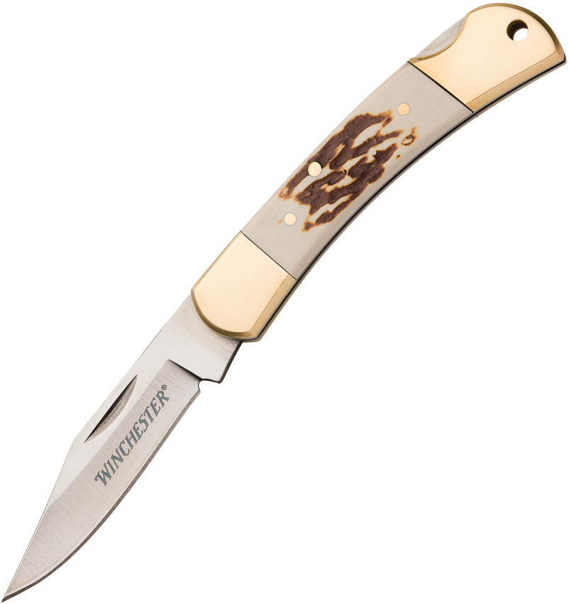 Winchester small stag lockback pocket knife with brass bolsters