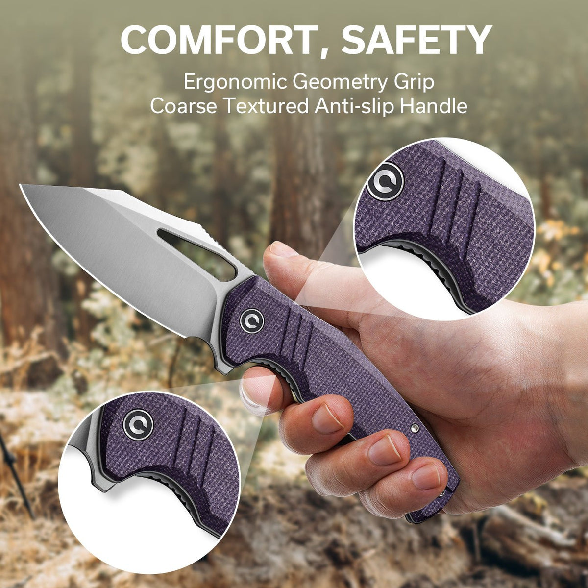CIVIVI BullTusk flipper knife, purple canvas Micarta, view 4
