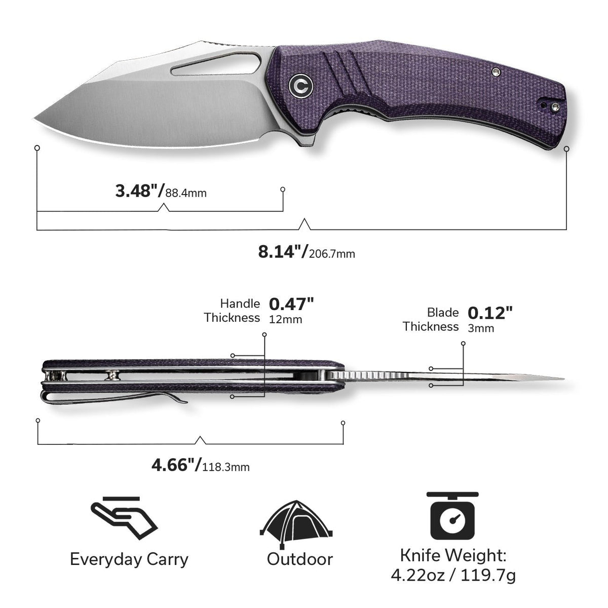 CIVIVI BullTusk flipper knife, purple canvas Micarta, view 2