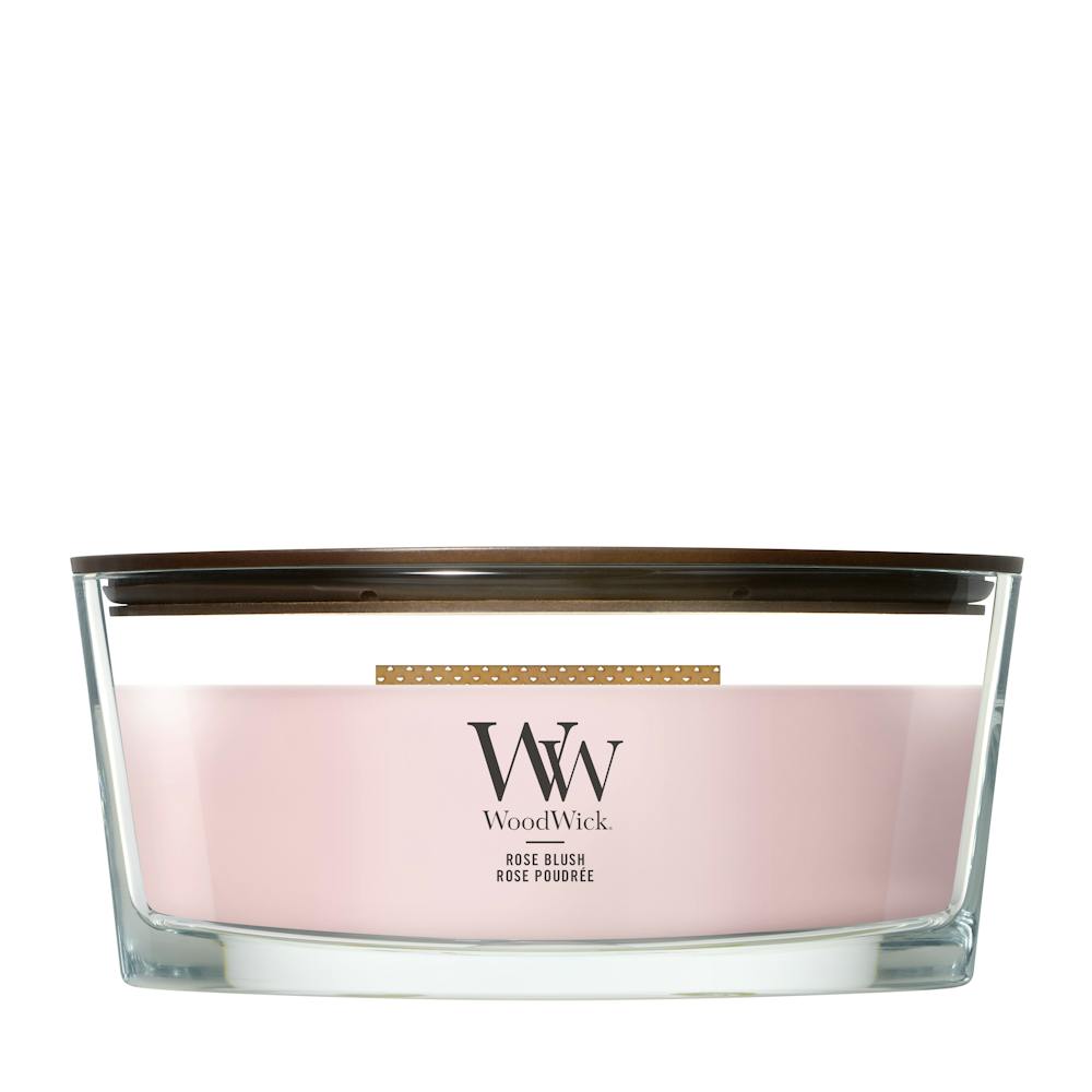WoodWick Ellipse candle, Rose Blush in pink glass vessel with crackling wooden wick — view 1