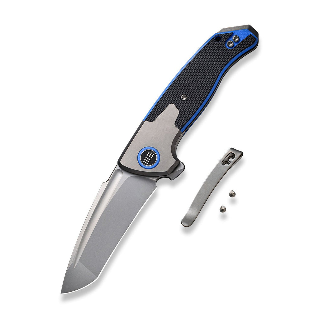 WE Press Check — Gray Titanium with Black/Blue G10 Inlay, Tanto